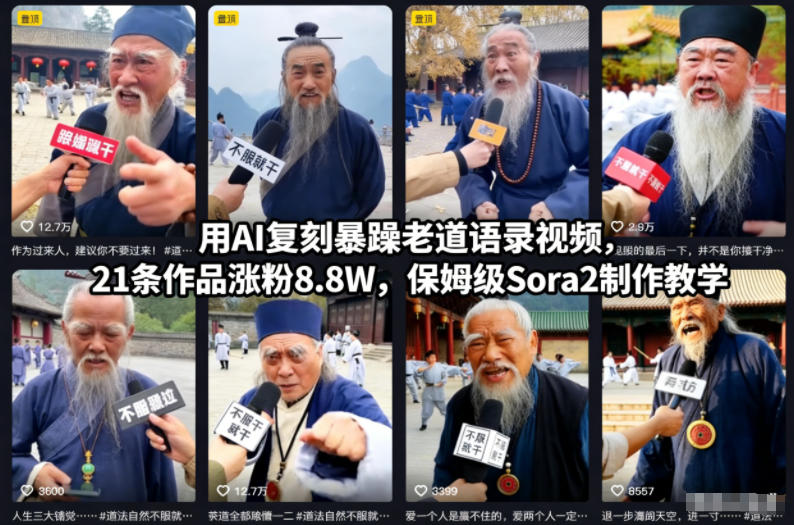 用AI复刻暴躁老道语录视频，21条作品涨粉8.8W，保姆级Sora2制作教学-紫薇云网创合伙人