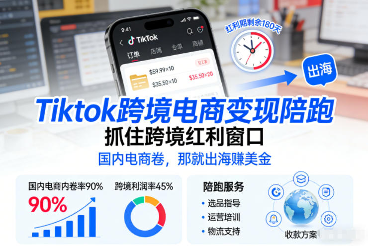 Tiktok跨境电商变现陪跑，抓住跨境红利窗口，国内电商卷，那就出海賺美金-紫薇云网创合伙人