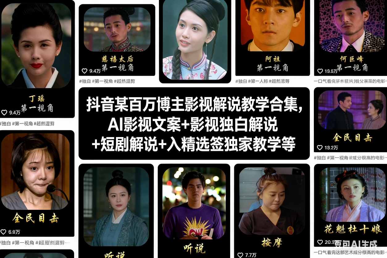 抖音某百万博主影视解说教学合集,AI影视文案+影视独白解说+短剧解说+入精选签独家教学等-紫薇云网创合伙人