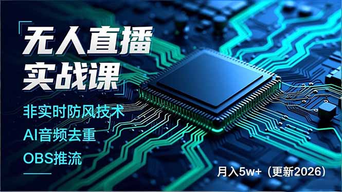 无人直播实战课，非实时防风技术、AI音频去重、OBS推流，建立技术壁垒，月入5w+(更新2026-紫薇云网创合伙人