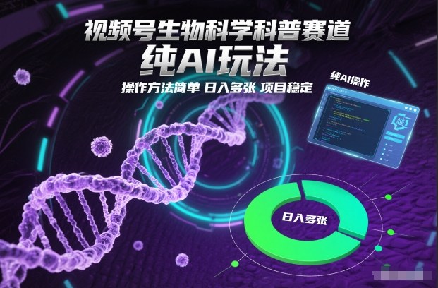 视频号生物科学科普赛道,纯AI玩法,操作方法简单,日入多张,项目稳定-紫薇云网创合伙人