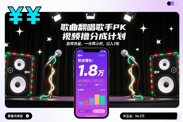歌曲翻唱歌手PK视频撸分成计划，自带流量，一天两小时，日入2张-紫薇云网创合伙人