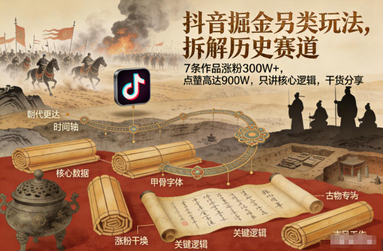 抖音掘金另类玩法，拆解历史赛道，7条作品涨粉300W+，点赞量高达900W，只讲核心逻辑，干货分享-紫薇云网创合伙人