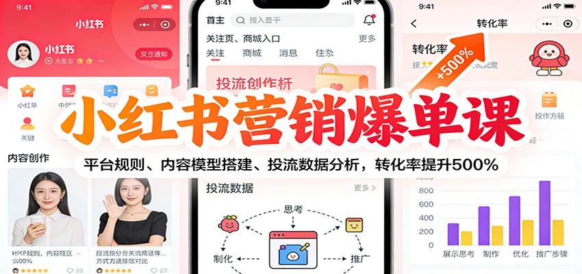 小红书营销爆单课：平台规则、内容模型搭建、投流数据分析，转化率提升500%-紫薇云网创合伙人