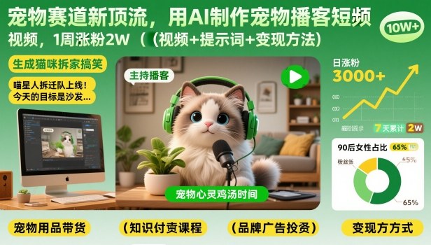 宠物赛道新顶流，用AI制作宠物播客短视频，1周涨粉2W(视频+提示词+变现方法)-紫薇云网创合伙人