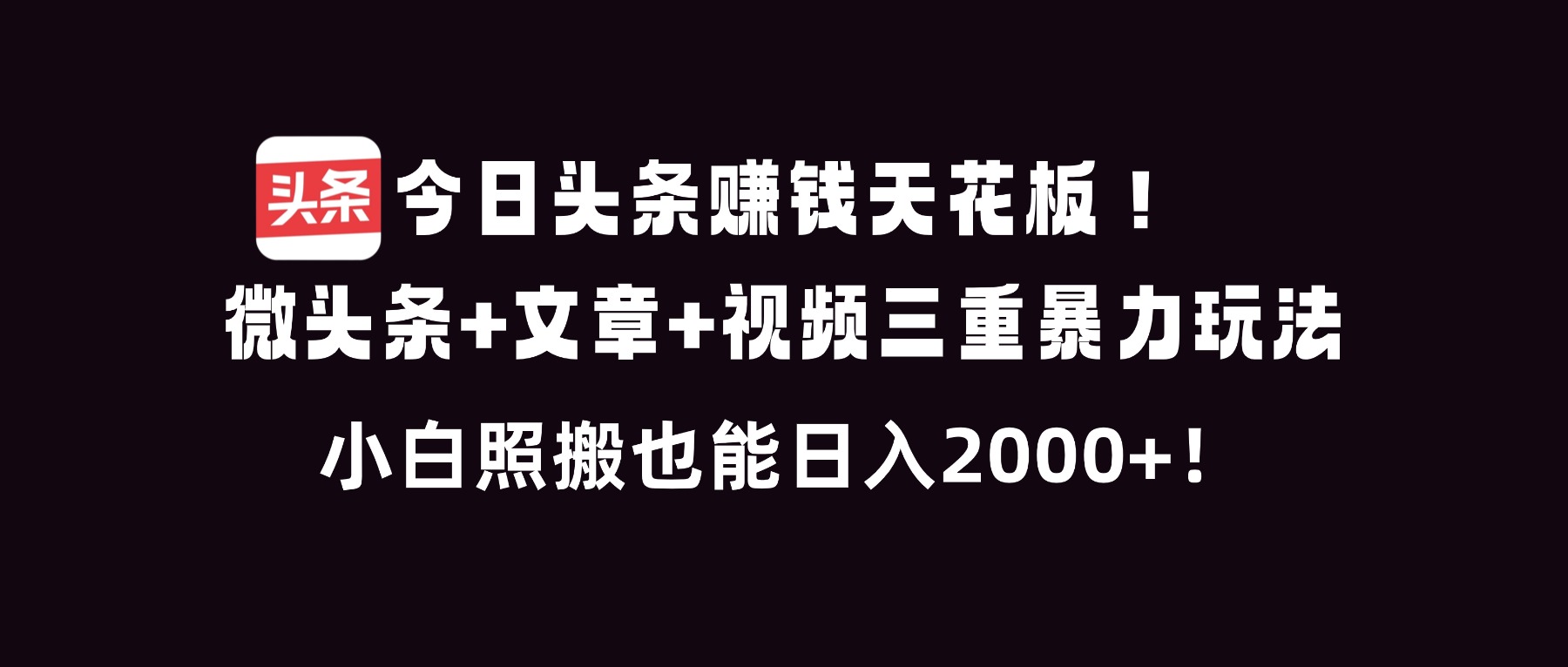 今日头条赚钱天花板！微头条+文章+视频三重暴利玩法，小白照搬也能日人2000+-紫薇云网创合伙人