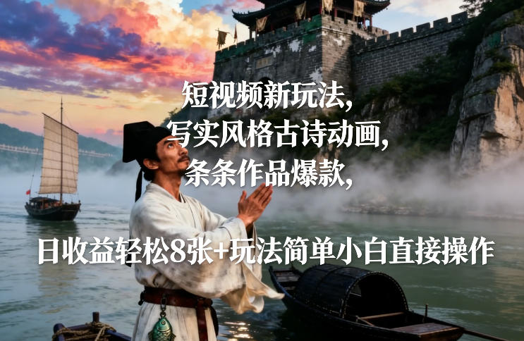 短视频新玩法，写实风格古诗动画，条条作品爆款，日收益轻松8张+玩法简单小白直接操作-紫薇云网创合伙人