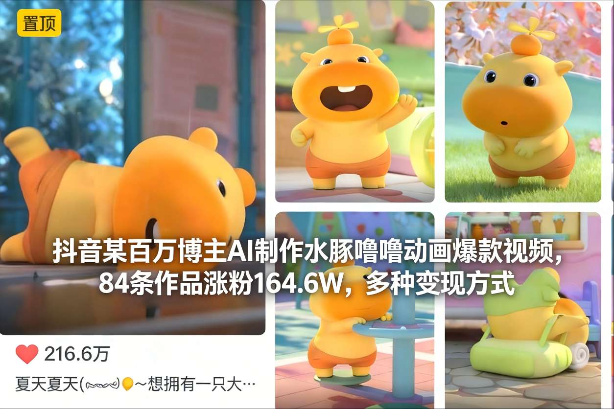 抖音某百万博主AI制作水豚噜噜动画爆款视频，84条作品涨粉164.6W，多种变现方式-紫薇云网创合伙人